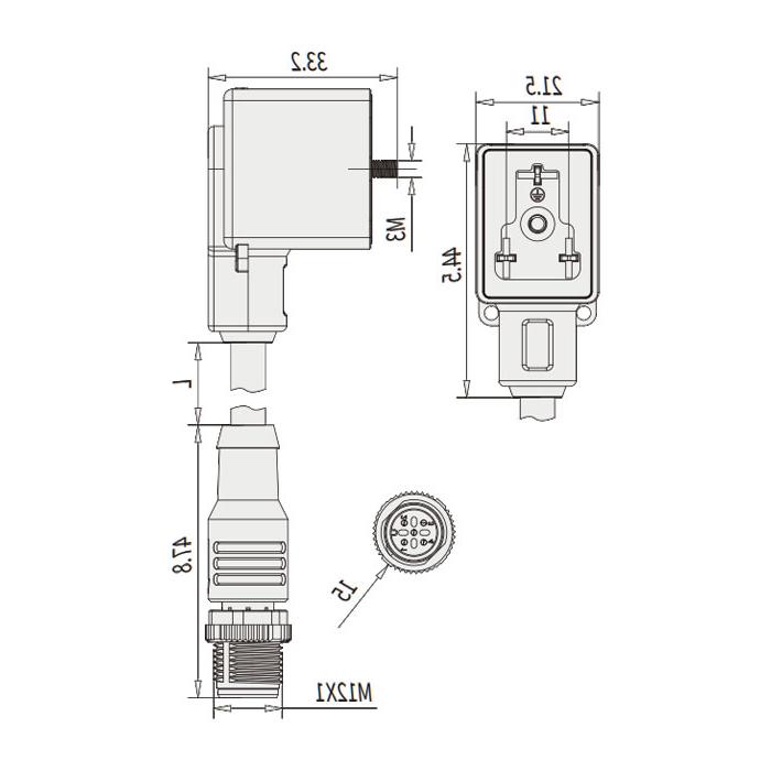 阀门插头类型B，工业，11 mm，3Pin/M12公头直型、双端预铸PVC非柔性电缆、灰色护套、6VB143-XXX